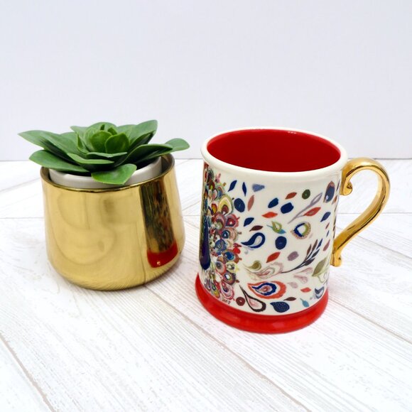 NEW! Anthropologie Mug STARLA HALFMANN Stoneware MOORELAND PEACOCK Red 12 oz - Picture 2 of 6